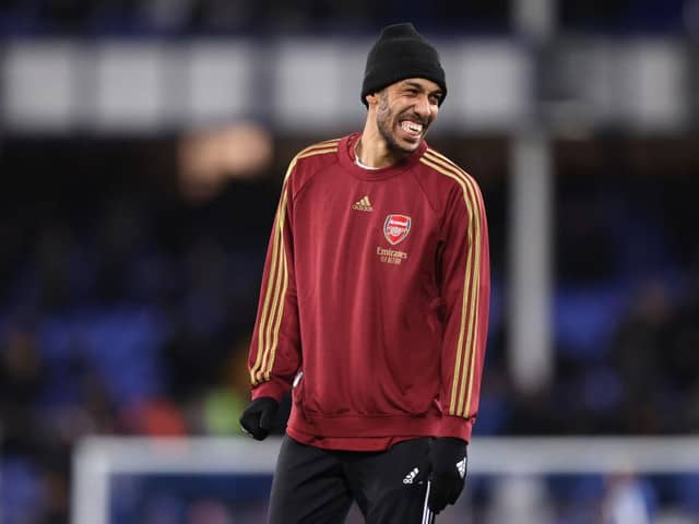Pierre-Emerick Aubameyang of Arsenal reacts during the warm up prior to the Premier League match between Everton and Arsenal at Goodison Park on December 06, 2021 in Liverpool, England. (Photo by Naomi Baker/Getty Images)