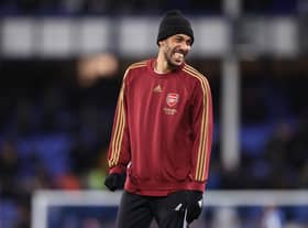 Pierre-Emerick Aubameyang of Arsenal reacts during the warm up prior to the Premier League match between Everton and Arsenal at Goodison Park on December 06, 2021 in Liverpool, England. (Photo by Naomi Baker/Getty Images)