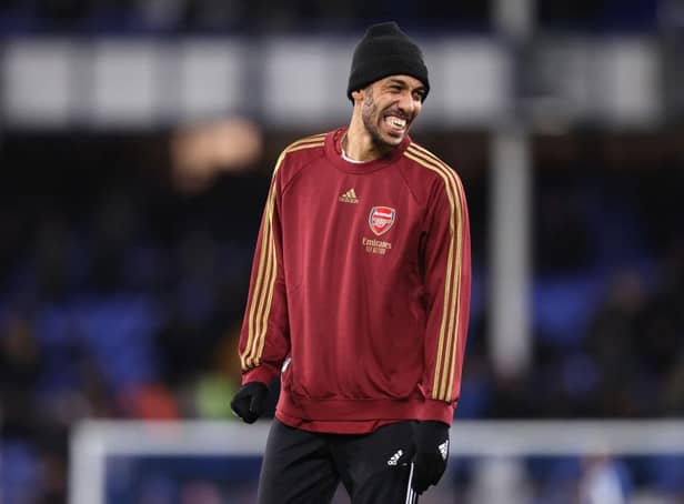 Pierre-Emerick Aubameyang of Arsenal reacts during the warm up prior to the Premier League match between Everton and Arsenal at Goodison Park on December 06, 2021 in Liverpool, England. (Photo by Naomi Baker/Getty Images)