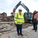 South Tyneside Council Leader Cllr Tracey Dixon with MGL Demolition contracts manager Chris Little overseeing demolition of Coronation Street, South Shields.
