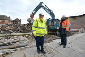 South Tyneside Council Leader Cllr Tracey Dixon with MGL Demolition contracts manager Chris Little overseeing demolition of Coronation Street, South Shields.