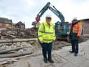 South Tyneside Council Leader Cllr Tracey Dixon with MGL Demolition contracts manager Chris Little overseeing demolition of Coronation Street, South Shields.