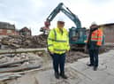 South Tyneside Council Leader Cllr Tracey Dixon with MGL Demolition contracts manager Chris Little overseeing demolition of Coronation Street, South Shields.