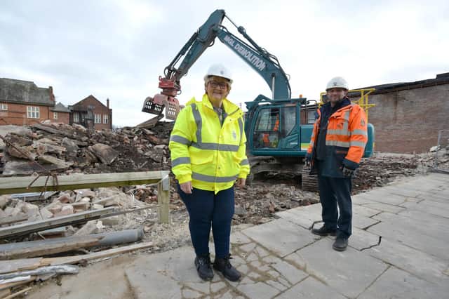 South Tyneside Council Leader Cllr Tracey Dixon with MGL Demolition contracts manager Chris Little overseeing demolition of Coronation Street, South Shields.
