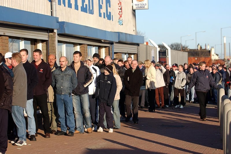 Hartlepool United fans queue outside Victoria Park for tickets for the club's pilgrimage up the A19 to face Sunderland in the FA Cup in 2004.