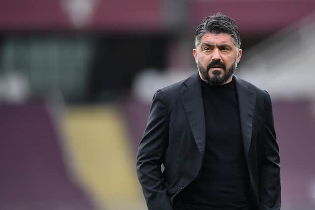 TURIN, ITALY - APRIL 26: SSC Napoli head coach Gennaro Gattuso looks on during the Serie A match between Torino FC and SSC Napoli at Stadio Olimpico di Torino on April 26, 2021 in Turin, Italy. (Photo by Valerio Pennicino/Getty Images)