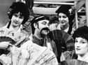 Gilbert and Sullivan's The Mikado performed by pupils from St Wilfrid's Comprehensive School in 1983. Playing title role is teacher, Michael Wiblin with left to right: Claire Halpin, Angela Ryan and Margaret Chilley.