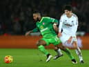 Jeremain Lens of Sunderland and Ki Sung-Yeung of Swansea City compete for the ball during the Barclays Premier League match between Swansea City and Sunderland at the Liberty Stadium.