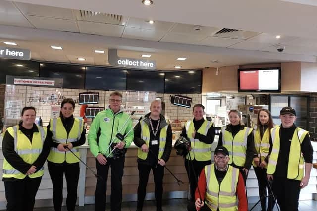 Councillor Glenn Thompson with South Shields KFC staff taking part in litter pick