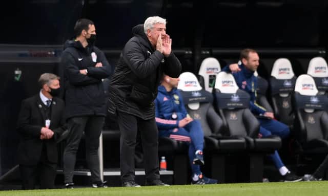 Steve Bruce, Manager of Newcastle United reacts during the Premier League match between Newcastle United and Arsenal at St. James Park on May 02, 2021 in Newcastle upon Tyne, England.