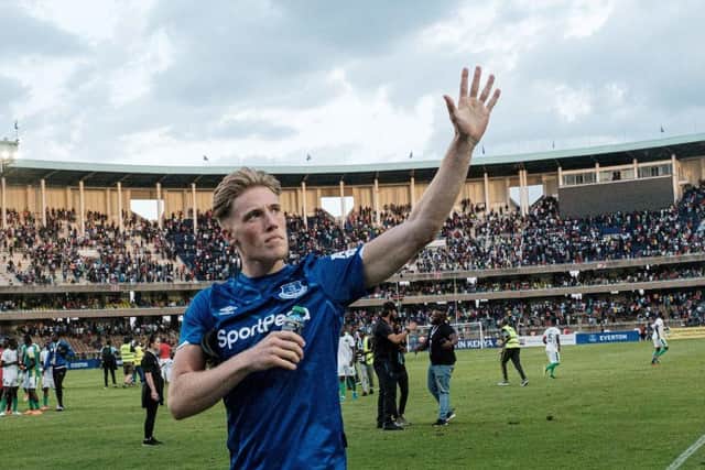 Everton's British defender Lewis Gibson reacts at the end of the friendly football match between Kariobangi Sharks and Everton at the Kasarani Stadium in Nairobi, on July 7, 2019. (Photo by YASUYOSHI CHIBA/AFP via Getty Images)