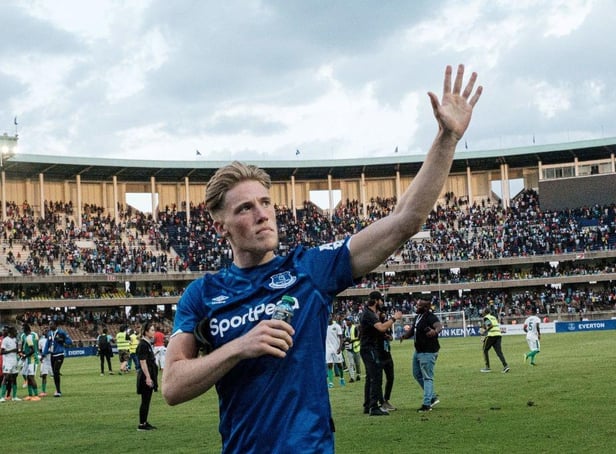 Everton's British defender Lewis Gibson reacts at the end of the friendly football match between Kariobangi Sharks and Everton at the Kasarani Stadium in Nairobi, on July 7, 2019. (Photo by YASUYOSHI CHIBA/AFP via Getty Images)