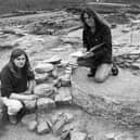 Archaelogists Leon Jazdzejewski, left and Eddie Dougherty, working on the excavated cold plunge bath of the private bath suite in the commanding officer's house of South Shields Roman Fort in 1991.