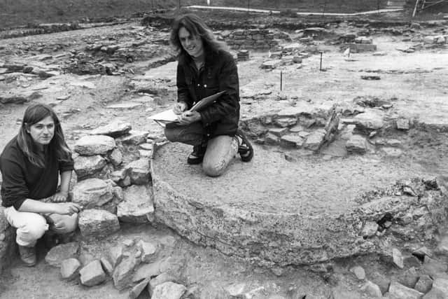 Archaelogists Leon Jazdzejewski, left and Eddie Dougherty, working on the excavated cold plunge bath at South Shields Roman Fort in 1991.