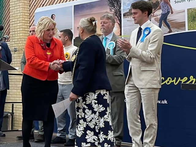 Emma Lewell-Buck, MP, being congratulated at her General Election win for Labour in the South Shields constituency.