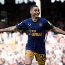 Miguel Almiron of Newcastle United celebrates after scoring their sides fourth goal during the Premier League match between Fulham FC and Newcastle United at Craven Cottage on October 01, 2022 in London, England. (Photo by Tom Dulat/Getty Images)