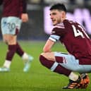 West Ham United's English midfielder Declan Rice reacts at the end of the English Premier League football match between West Ham United and Newcastle at the London Stadium, in London on April 5, 2023. - Newcastle wins 5 - 1 against West Ham United. (Photo by JUSTIN TALLIS / AFP)