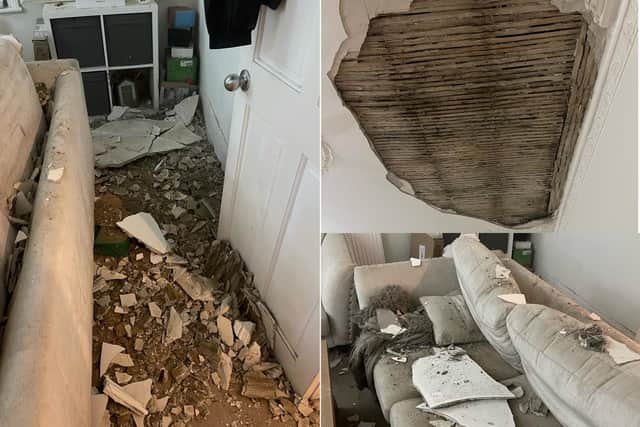 Dylan says he and his partner 'could have potentially been killed' if they were sitting on their sofa when the ceiling fell through.