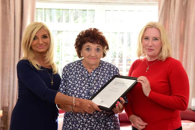 June Coser, pictured with her daughter Dawn Bingham, was delighted to receive her Points of Light award from South Shields MP Emma Lewell-Buck.