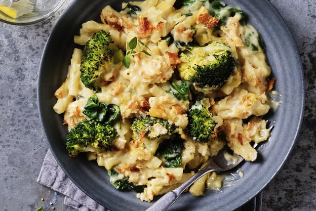 'Indulgent vegan bechamel sauce with macaroni pasta, broccoli, leeks, spinach – topped with crispy onions and breadcrumbs for texture'