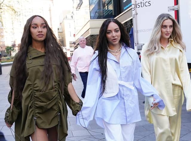 The members of Little Mix, (left to right) Leigh-Anne Pinnock, Jade Thirlwall and Perrie Edwards, arriving at the studios of Global Radio in London.