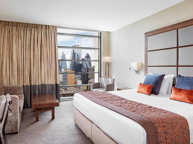 A superior double room at Leonardo Royal London Tower Bridge with magnificent views of the capital's skyline.