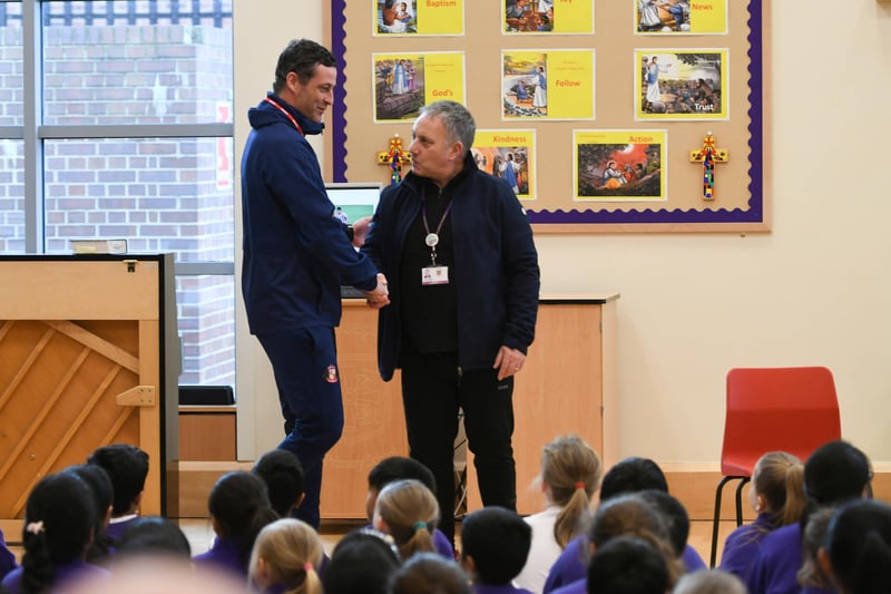 Sunderland manager Jack Ross was given a warm welcome by head teacher Damian Groark on his visit to St Joseph's RC Primary School, Rutland Street, Sunderland in 2019. He was there to launch the school's daily mile running track. Were you there?