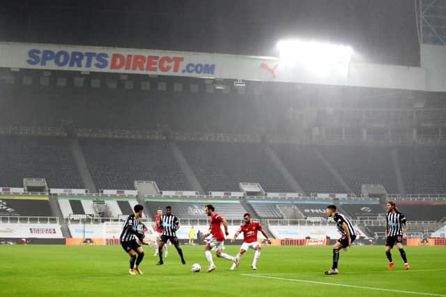 NEWCASTLE UPON TYNE, ENGLAND - OCTOBER 17: A general view as rain comes down during the Premier League match between Newcastle United and Manchester United at St. James Park on October 17, 2020 in Newcastle upon Tyne, England. Sporting stadiums around the UK remain under strict restrictions due to the Coronavirus Pandemic as Government social distancing laws prohibit fans inside venues resulting in games being played behind closed doors. (Photo by Alex Pantling/Getty Images)