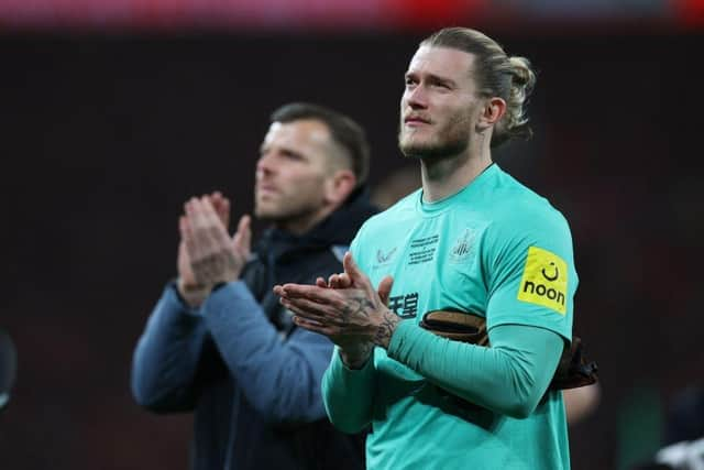 Loris Karius applauds Newcastle United fans at Wembley last weekend.