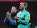 Loris Karius applauds Newcastle United fans at Wembley last weekend.