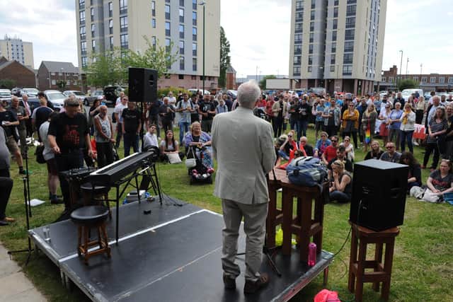 Former Labour Party Leader Jeremy Corbyn MP addresses the crowds at Rebel Town Festival, Jarrow.