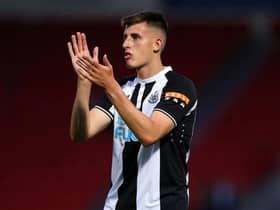Kell Watts of Newcastle United applauds the fans after the Pre-Season Friendly match between Doncaster Rovers and Newcastle United at at Keepmoat Stadium on July 23, 2021 in Doncaster, England. (Photo by Charlotte Tattersall/Getty Images)