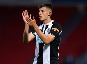 Kell Watts of Newcastle United applauds the fans after the Pre-Season Friendly match between Doncaster Rovers and Newcastle United at at Keepmoat Stadium on July 23, 2021 in Doncaster, England. (Photo by Charlotte Tattersall/Getty Images)