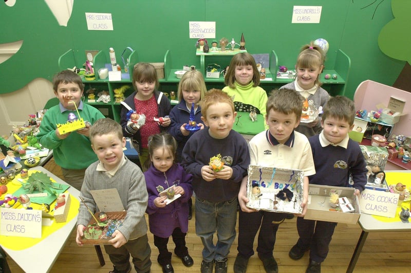 Schoolchildren at Malin Bridge Primary School, Sheffield in April 2001 with their decorated Easter eggs