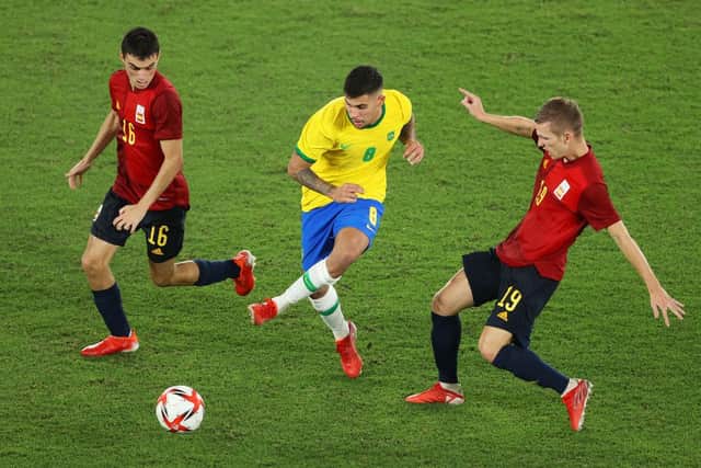 Bruno Guimaraes in action for Brazil against Spain at the 2020 Olympic Games in Tokyo  (Photo by Clive Mason/Getty Images)