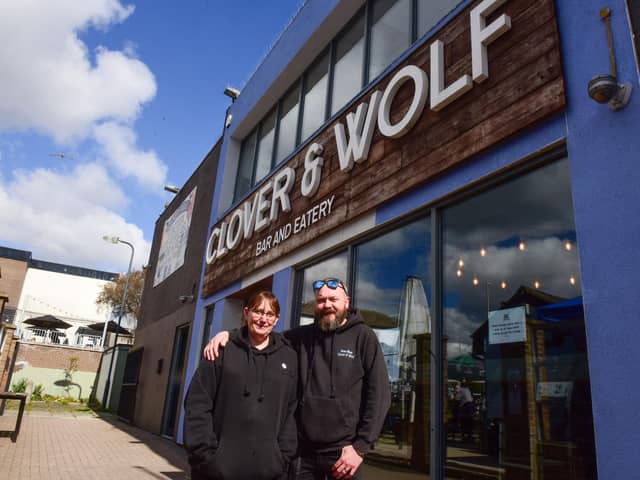 Stephanie and Tim Gooding welcoming customers to Clover & Wolf
