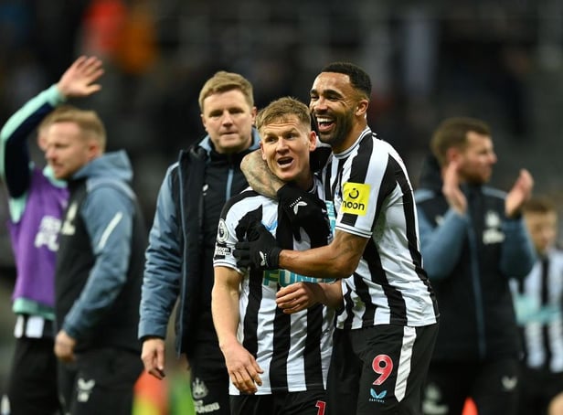 Substitutes Matt Ritchie and Callum Wilson celebrate after Newcastle United's win over Wolverhampton Wanderers.