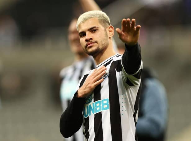 Bruno Guimaraes of Newcastle United acknowledges the fans following the Premier League match between Newcastle United and Wolverhampton Wanderers at St. James Park on March 12, 2023 in Newcastle upon Tyne, England. (Photo by Naomi Baker/Getty Images)