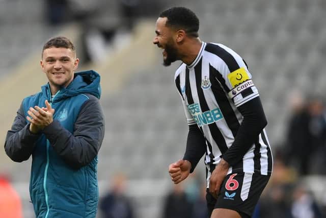 Newcastle United players Kieran Trippier and Jamaal Lascelles share a joke after the win over Real Vallecano.