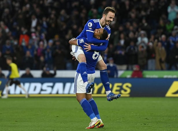 Youri Tielemans of Leicester City celebrates after scoring with James Maddison during the Premier League match between Leicester City and Newcastle United at The King Power Stadium on December 12, 2021 in Leicester, England. (Photo by Gareth Copley/Getty Images)