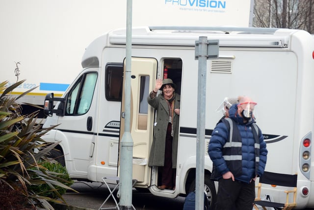 A wave from Brenda Blethyn on the Vera filming set at Ocean Road Community Association in 2020.