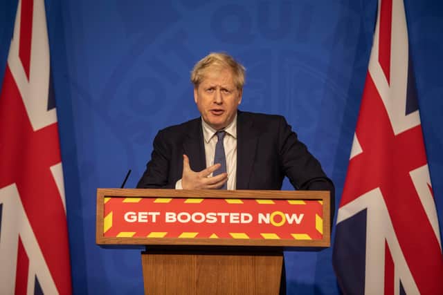 LONDON, ENGLAND - JANUARY 04: Britain's Prime Minister Boris Johnson gestures, during a coronavirus briefing at Downing Street on January 4, 2022 in London, England. The Prime Minister announced that around 100,000 critical workers would be set to take daily Covid tests in order to reduce the spread of the virus to colleagues. (Photo by Jack Hill - WPA Pool/Getty Images)