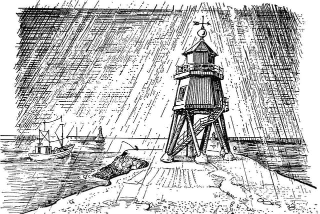 The piers and groyne, drawn by Sheila Graber 36 years ago.