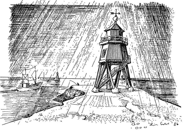 The piers and groyne, drawn by Sheila Graber 36 years ago.