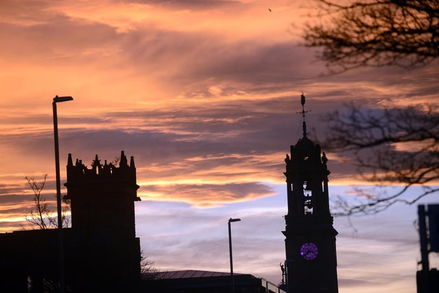 A South Shields sunset over the Town Hall in 2021.