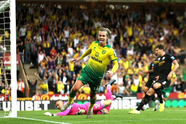 Todd Cantwell of Norwich City celebrates after scoring his team's second goal during the Premier League match between Norwich City and Manchester City at Carrow Road on September 14, 2019 in Norwich, United Kingdom. (Photo by Paul Harding/Getty Images)