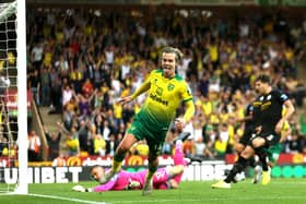 Todd Cantwell of Norwich City celebrates after scoring his team's second goal during the Premier League match between Norwich City and Manchester City at Carrow Road on September 14, 2019 in Norwich, United Kingdom. (Photo by Paul Harding/Getty Images)