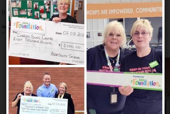 Asda community champions Tracey Tough and Mavis Maughan presenting cheques