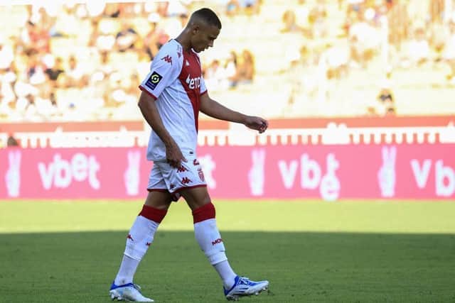 Monaco's Brazilian defender Vanderson reacts during the French L1 football match between AS Monaco and RC Lens at the Louis II Stadium (Stade Louis II) in the Principality of Monaco on August 20, 2022. (Photo by Valery HACHE / AFP) (Photo by VALERY HACHE/AFP via Getty Images)