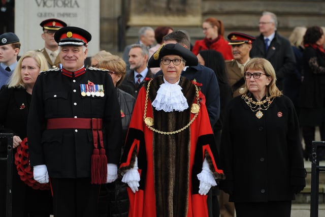 Remembrance Sunday Parade and Service at Westoe Cenotaph, South Shields, with the Mayor of South Tyneside Coun Pat Hay, Deputy Lord Lieutenant Tyne and Wear Wing Commander David L Harris.